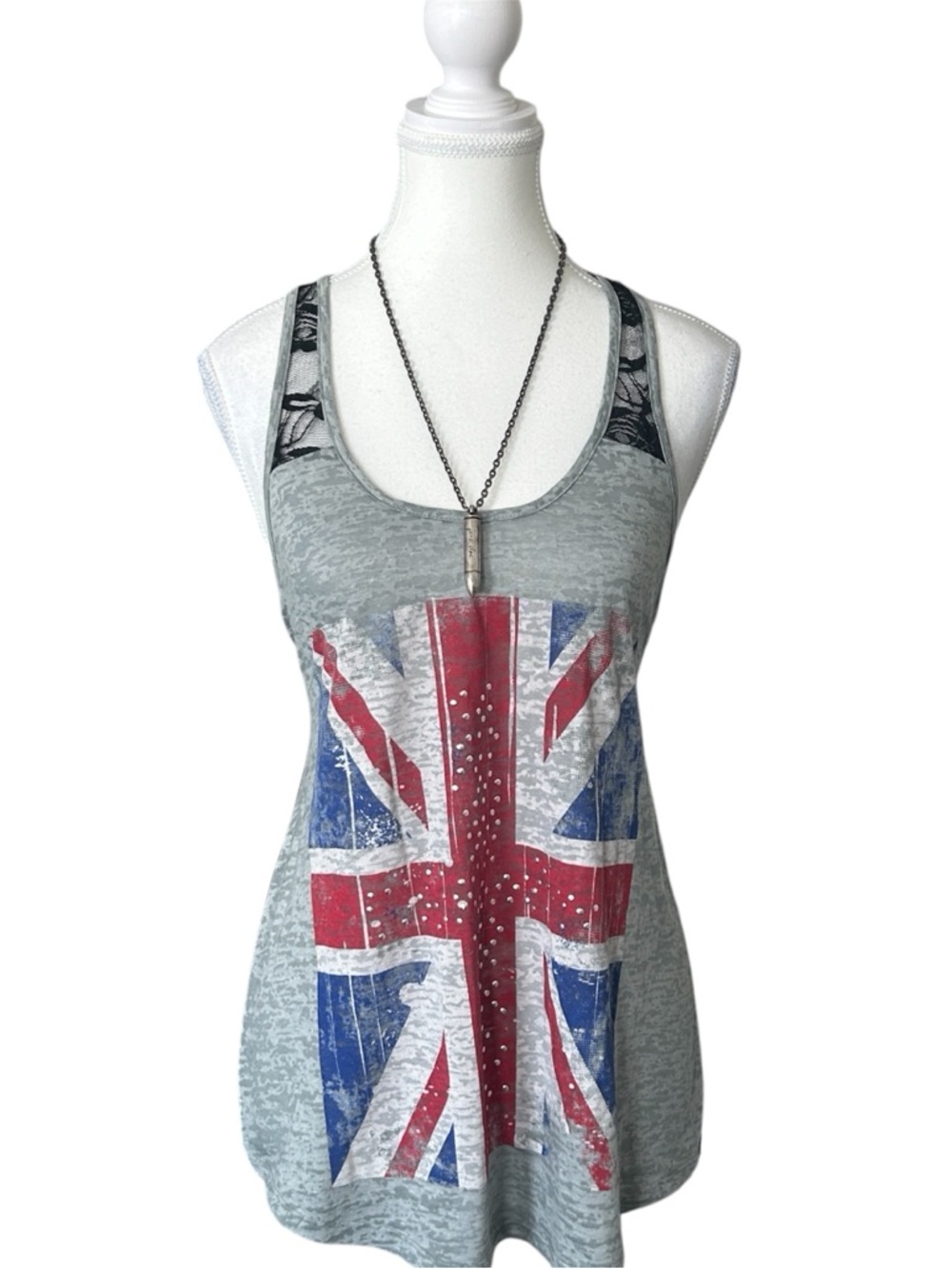 Y2K “No Boundaries” Grey Union Jack Flag Graphic Lace Trim Studded Tank Top